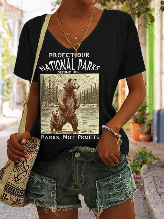 Women's Support National Parks Print V Neck Casual T-Shirt