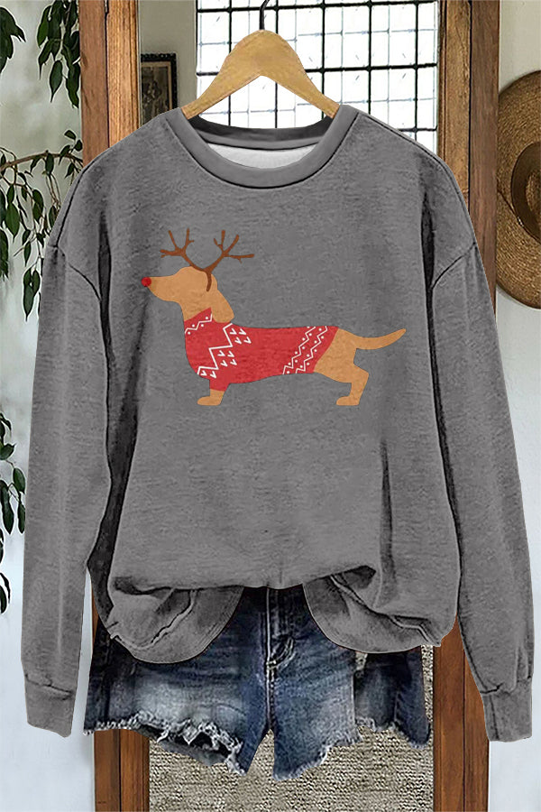 Cute Christmas Elk Dachshund Print Sweatshirt