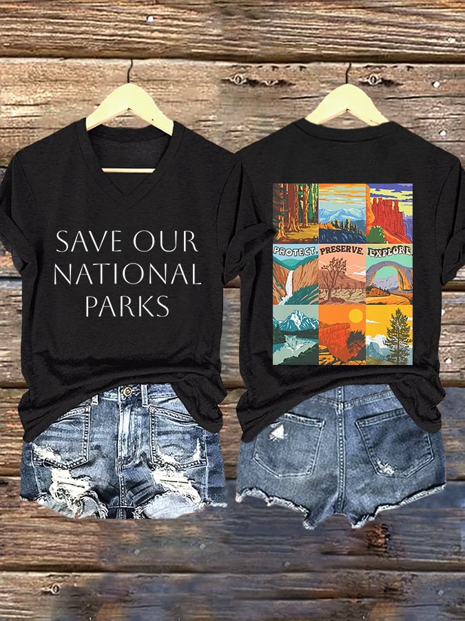 V-neck Retro Save Our National Parks Protect, Preserve, Explore Print T-Shirt