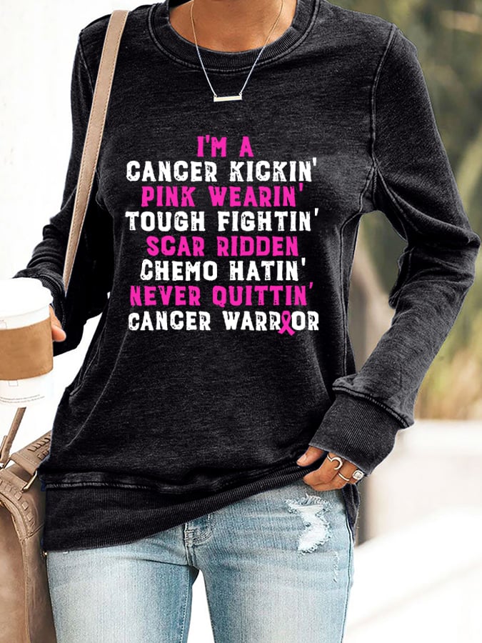 Breast Cancer Awareness Cancer Kickin' Chemo Hatin' Warrior Print Sweatshirt