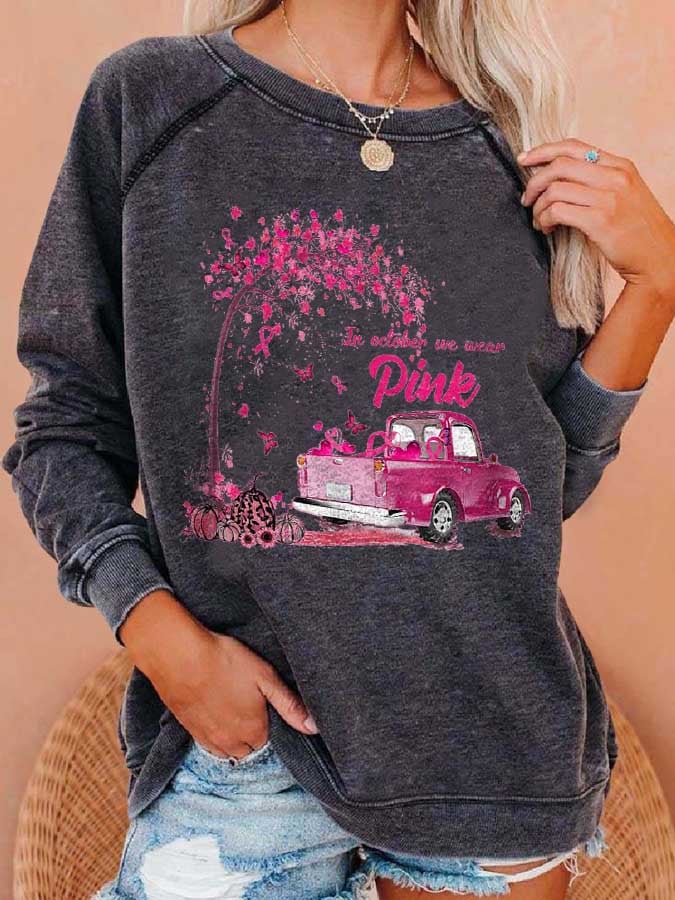 Butterfly Pumpkin In October We Wear Pink Printed Sweatshirt