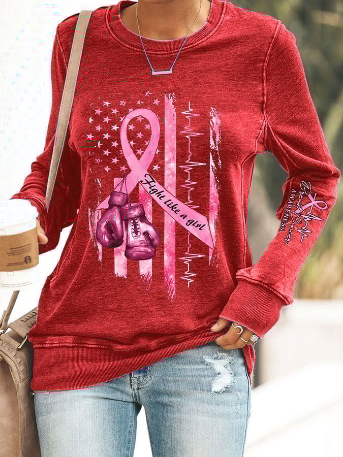 Women's Casual Breast Cancer Awareness Printed Long Sleeve Sweatshirt