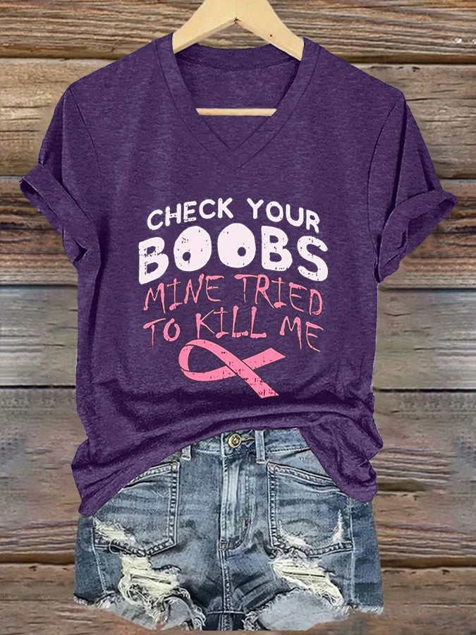 Women's Breast Cancer Awareness Printed Casual V-Neck T-Shirt