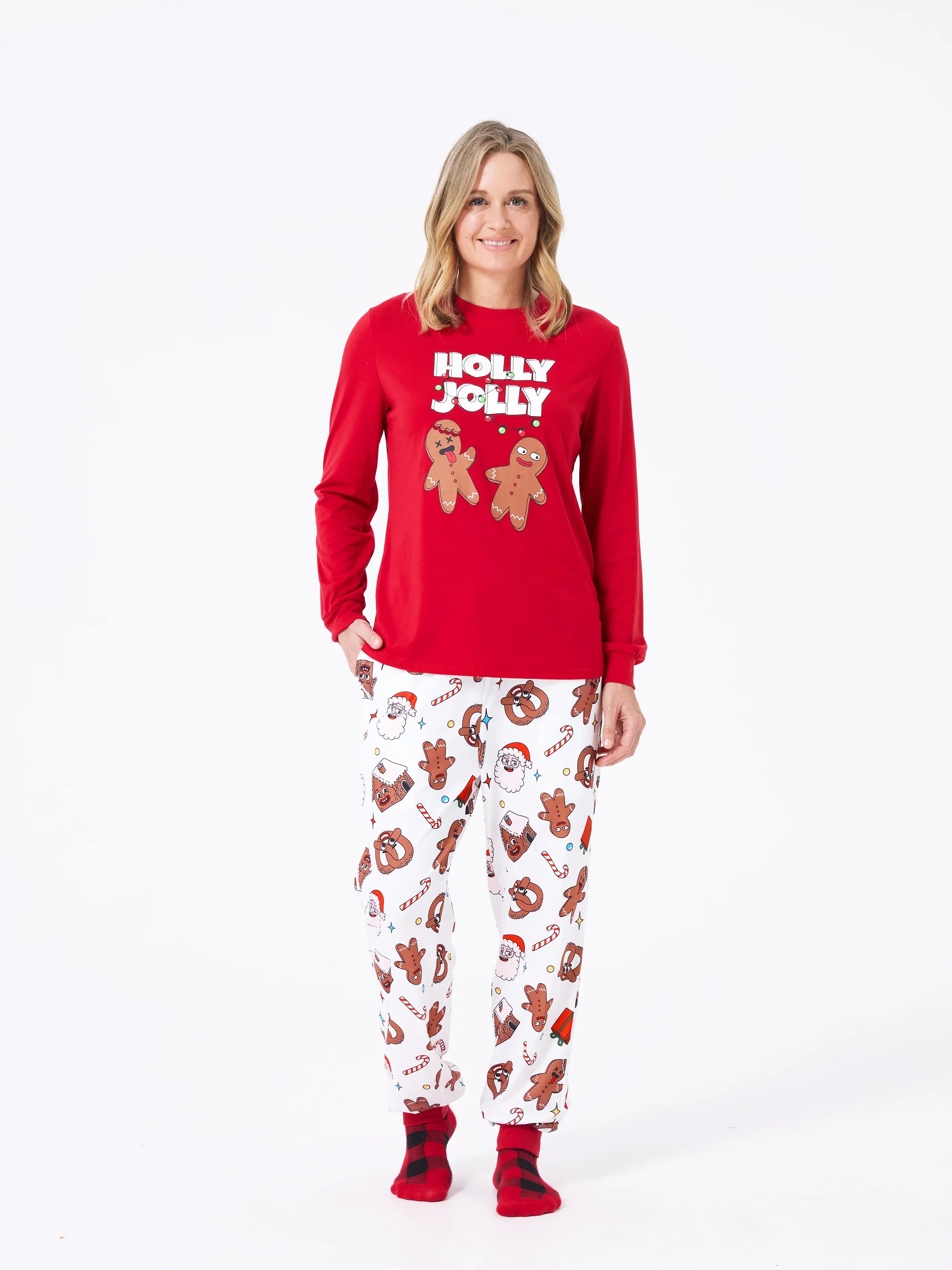Christmas Matching Family Pajamas Set Gingerbread and Santa PJS with Christmas Socks Red