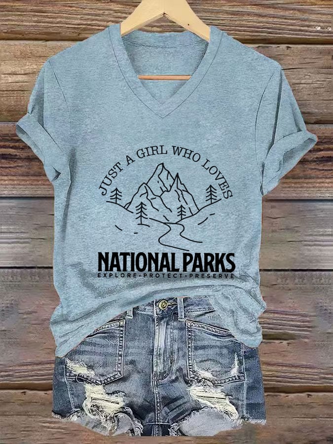 Women's Just A Girl Who Loves National Parks Printed V-Neck T-Shirt