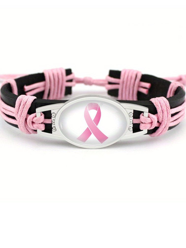 Pink Ribbon Breast Cancer Hand Woven Cow Leather Bracelet