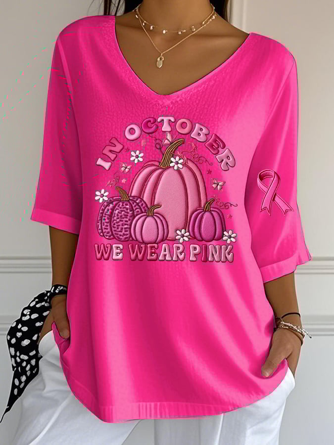 Women's casual October we wear pink pumpkin bubble wrinkle top