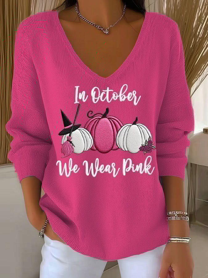 Women's Casual Striped Breast Cancer In October We Wear Pink Print Long Sleeve T-shirt