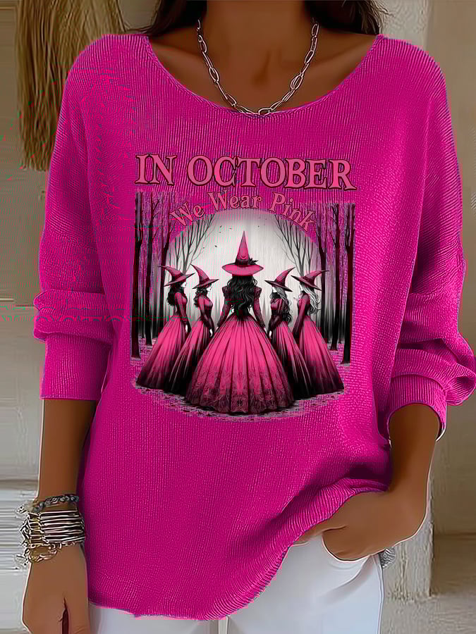 Women's casual October we wear pink ribbed long-sleeved top