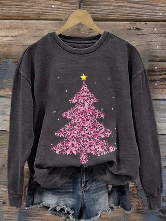 Retro Breast Cancer Awareness Pink Christmas Tree Ribbons Print Sweatshirt