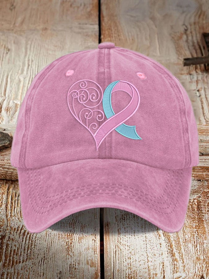 Unisex Distressed Washed Cotton Breast Cancer Ribbon Heart Printed Hat