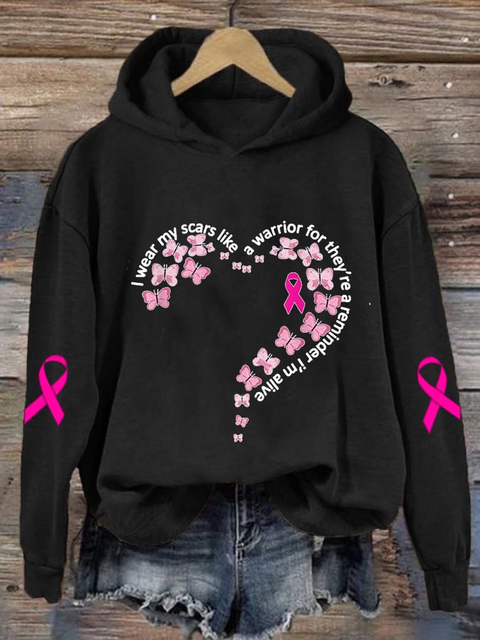 Women's I Wear My Scars Breast Cancer Awareness Print Casual Hoodie