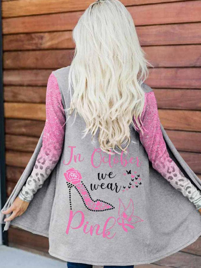 Breast Cancer Awareness In October We Wear Pink Heels Butterfly Leopard Sequins Print Cardigan