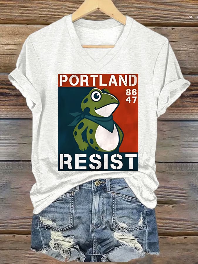 V-neck Women's Portland Frog 8647 resist Print T-Shirt