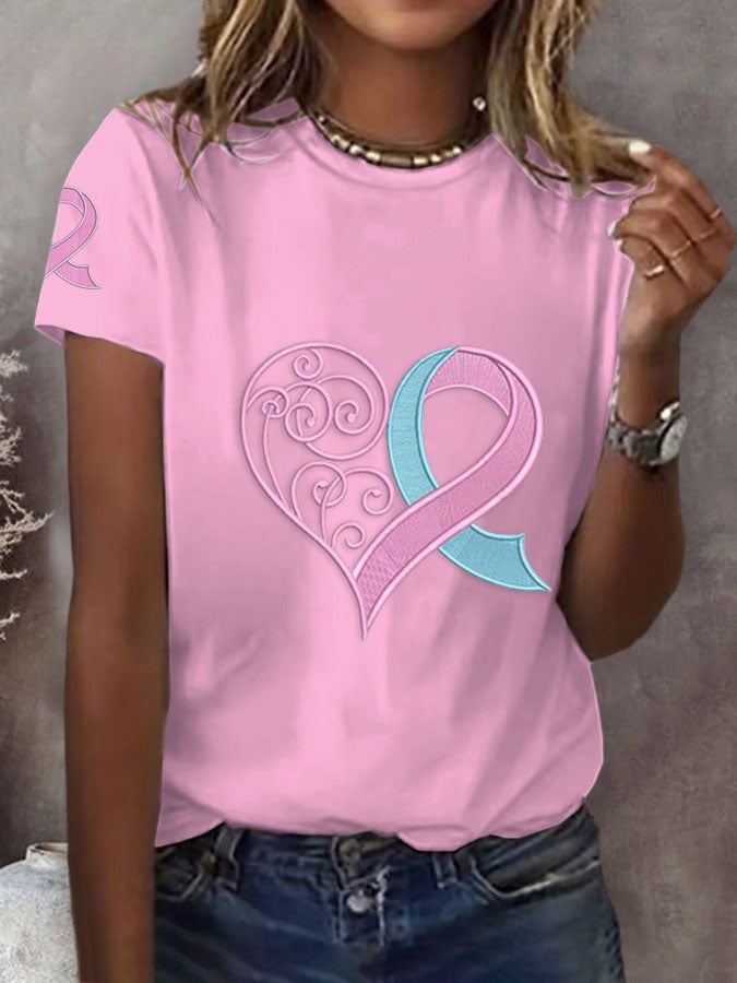 Women's Breast Cancer Awareness Love Pink Ribbon Print Casual T-Shirt