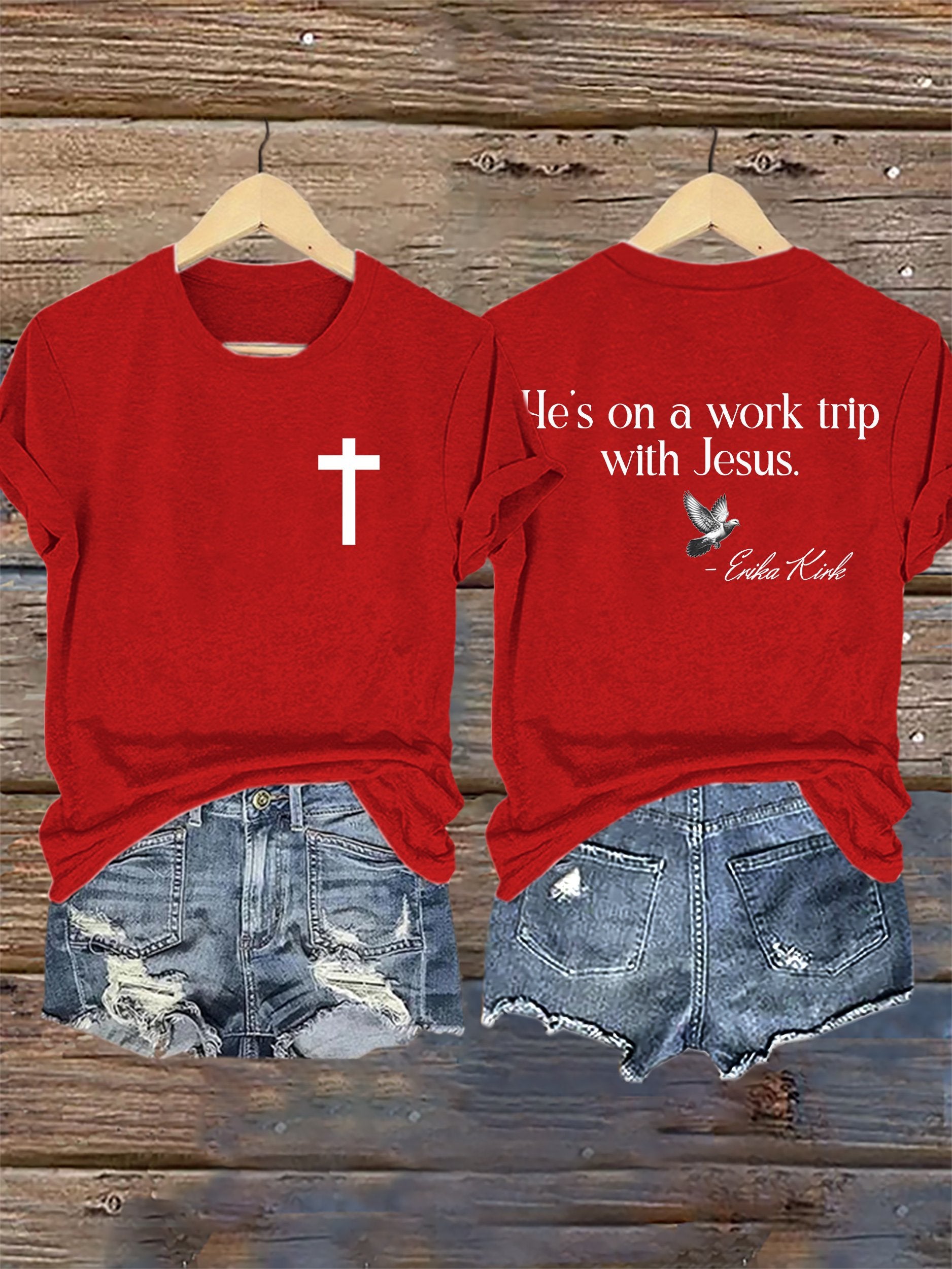 Retro He's On A Work Trip With Jesus Print T-Shirt