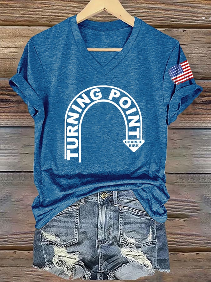 V-Neck Retro Turning Point Print T-Shirt