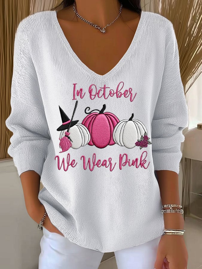Women's Casual Striped Breast Cancer In October We Wear Pink Print Long Sleeve T-shirt
