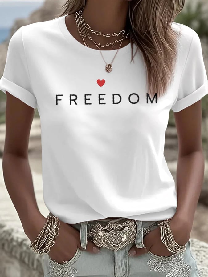 Women's Freedom American Flag Print Casual T-shirt
