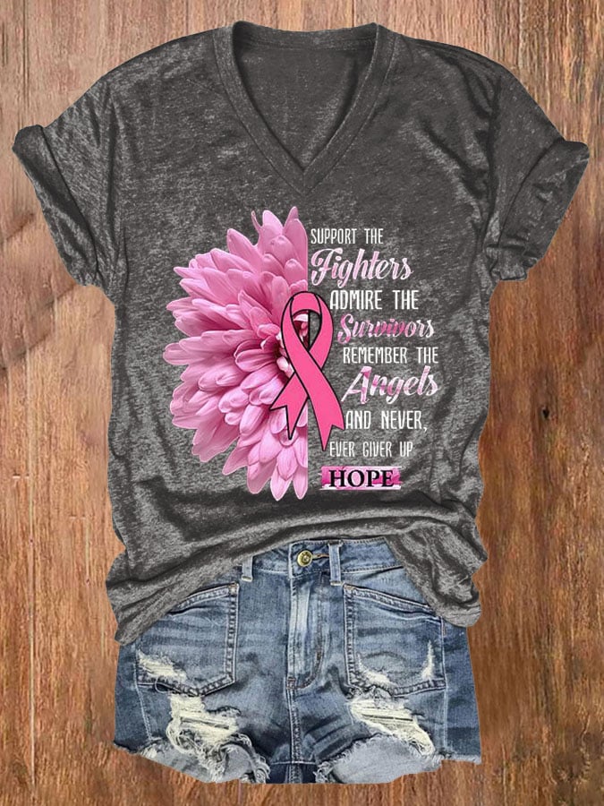 Women's Casual Breast Cancer Awareness Print Short Sleeve T-Shirt