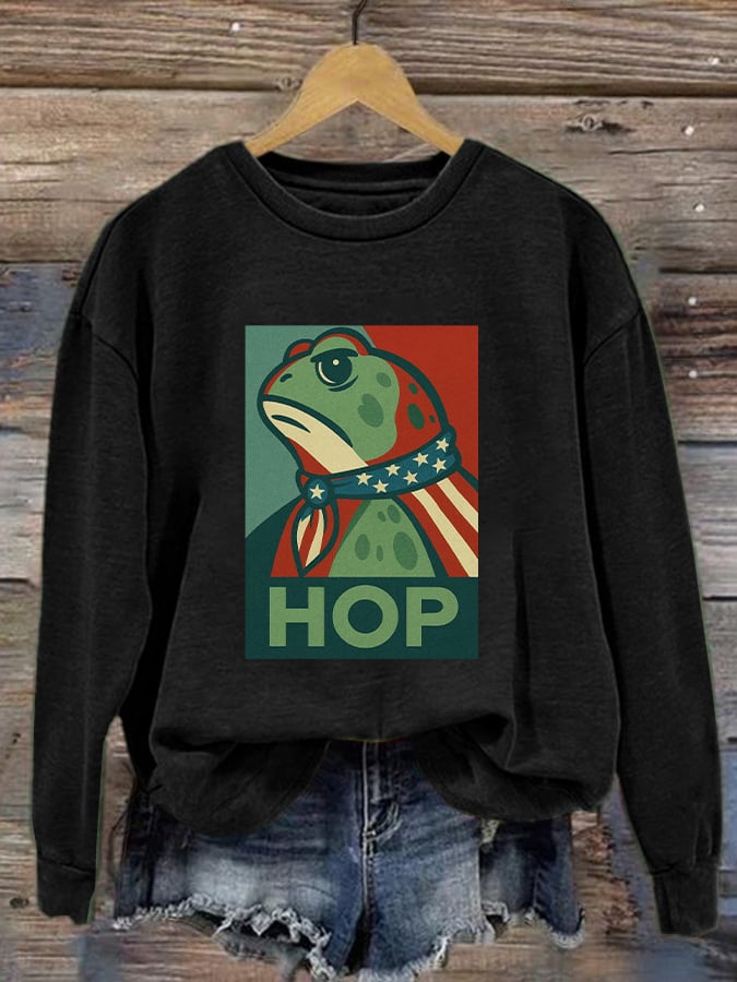 Women's Retro Hop Resist Frog Printed Round Neck Sweatshirt