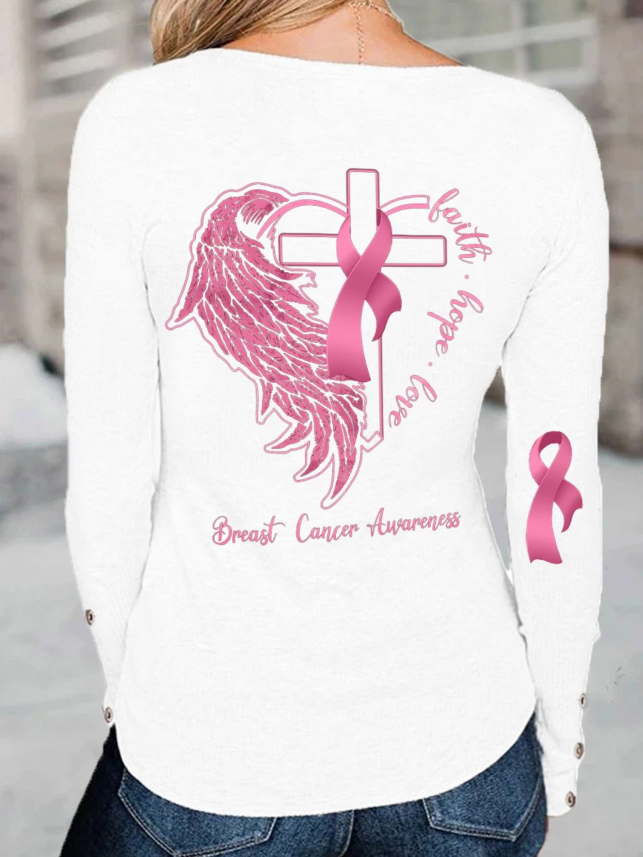 Breast Cancer Awareness Faith Hope Love Print T-shirt