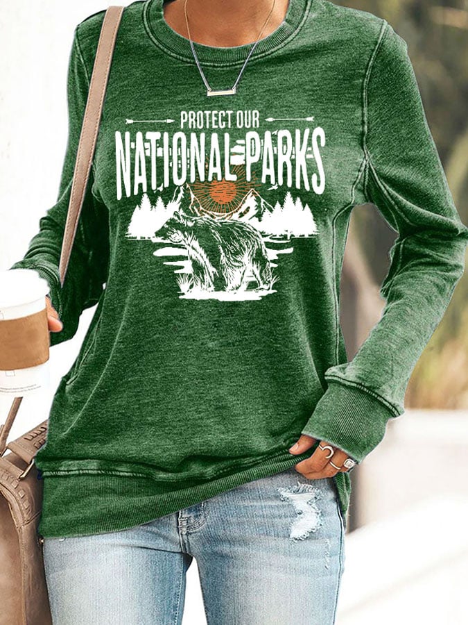 Women's Protect Our National Parks Print Round Neck Sweatshirt