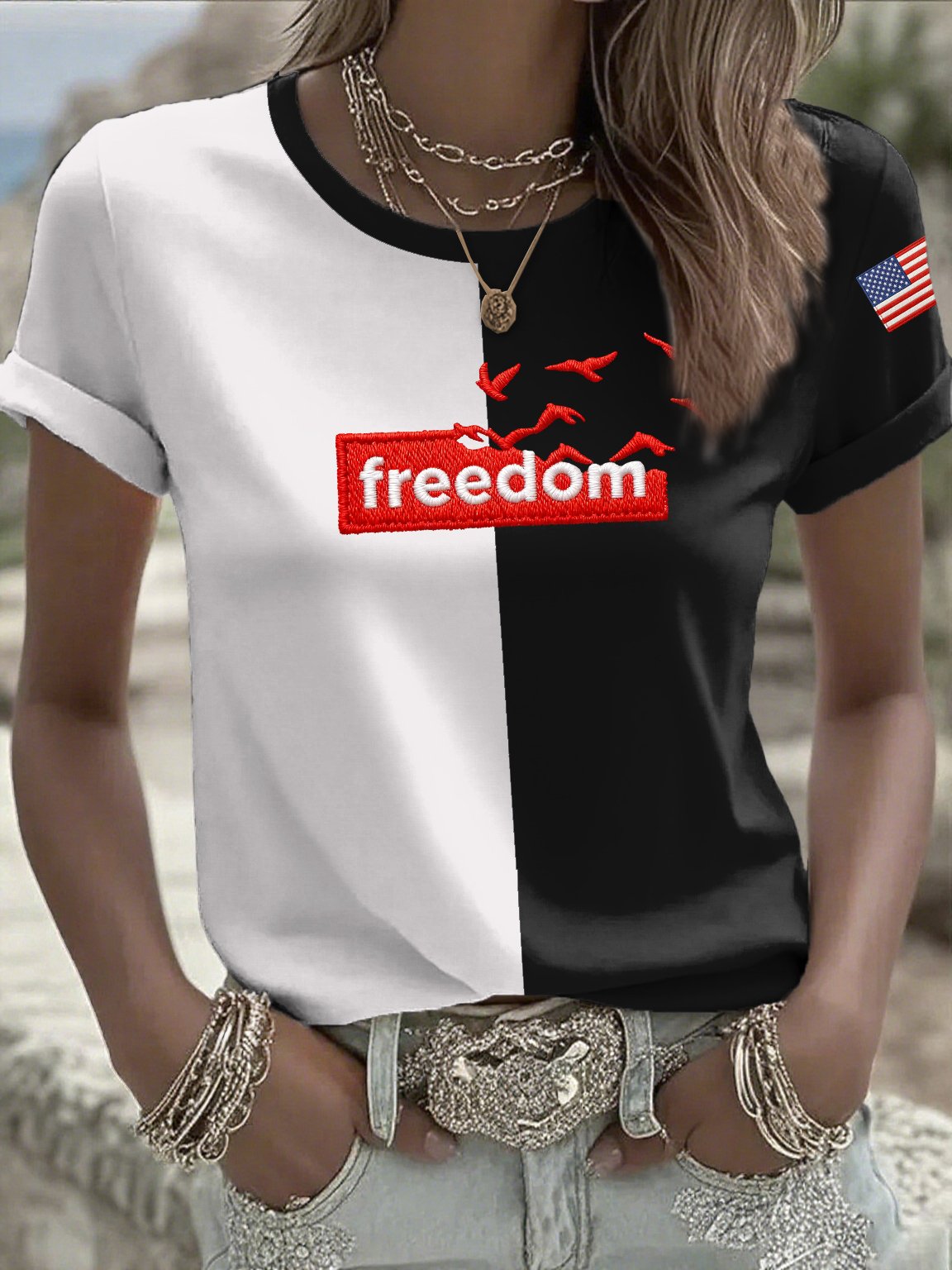 Women's Casual Freedom Flag Contrast Color T-Shirt
