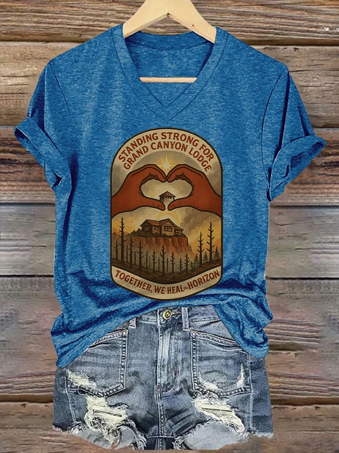 Women's Standing Strong For Grand Canyon Lodge Print V Neck T-shirt