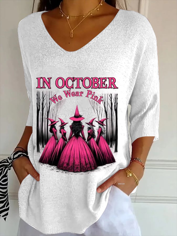Retro October We Wear Pink Witch Breast Cancer Awareness Printed T-Shirt