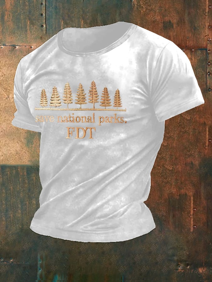 Men'S Retro Save National Parks FDT Printed Casual Crew Neck T-Shirt