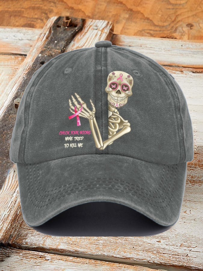 Retro Breast Cancer Awareness Skull Check Your Boobs Mine Tried To Kill Me Print Baseball Cap