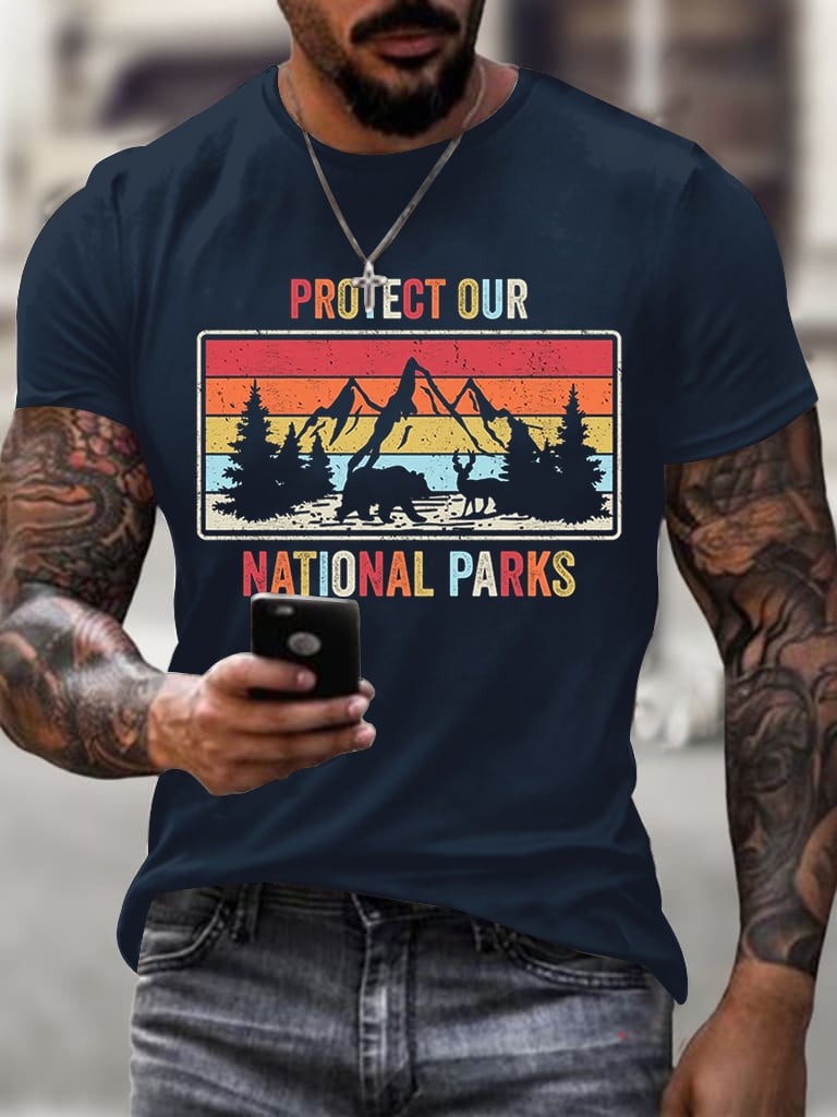 Men'S Retro Protect Our National Parks Printed Casual Crew Neck T-Shirt
