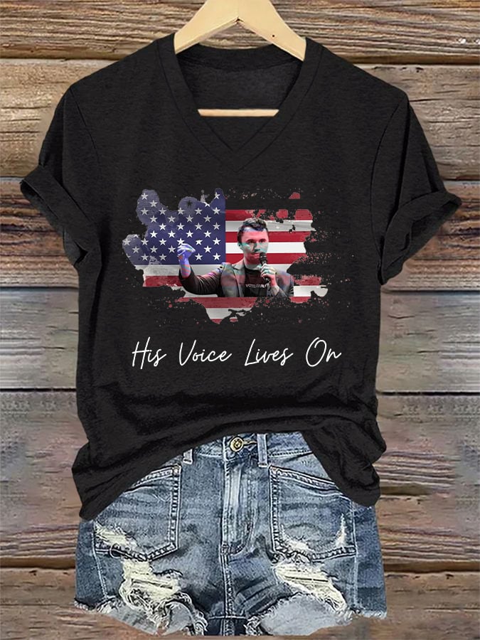 V-Neck Retro His Voice Lives On Print T-Shirt