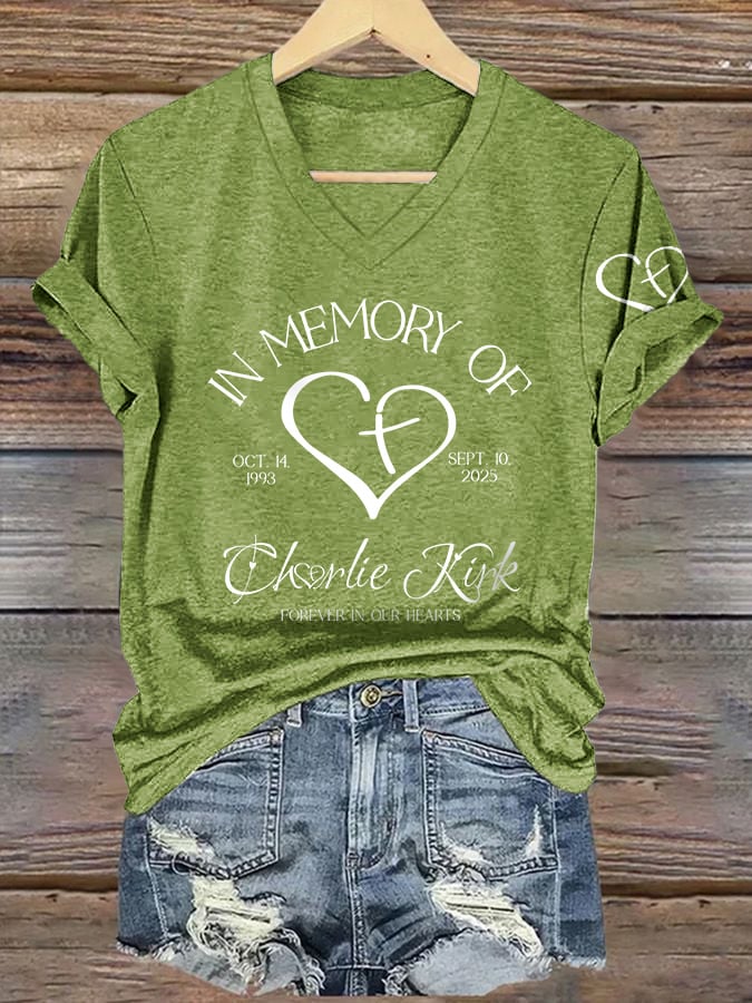 V-Neck Retro Forever In Our Hearts Print T-Shirt