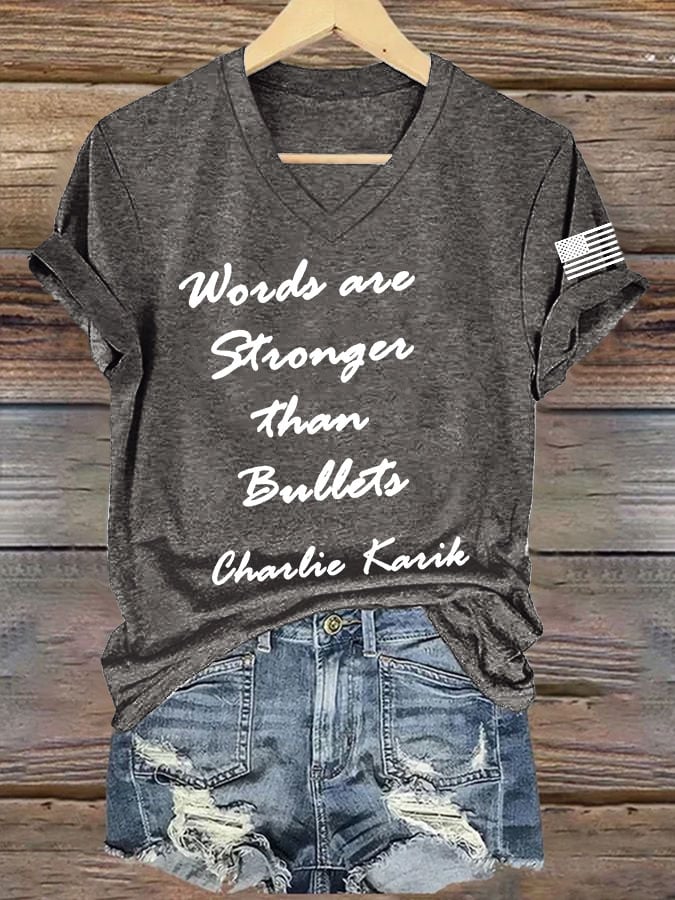 Women's Words Are Stronger Than Bullets Print V Neck T-shirt