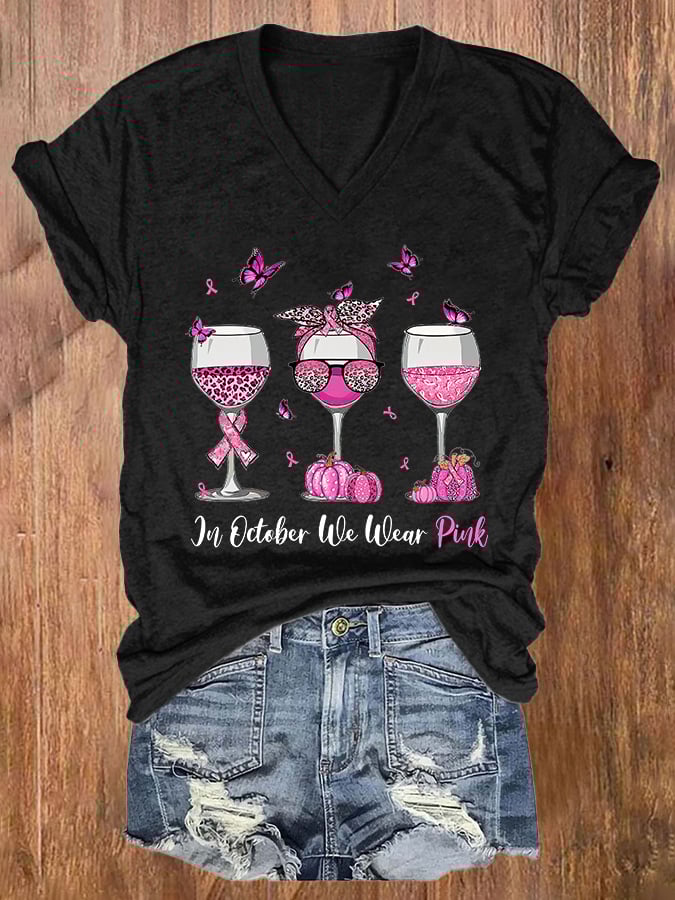 V-neck Breast Cancer Awareness Leopard Wine Glasses In October We Wear Pink Print T-Shirt