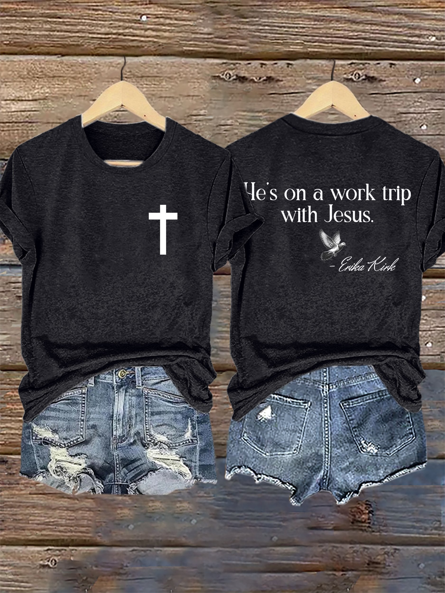 Retro He's On A Work Trip With Jesus Print T-Shirt