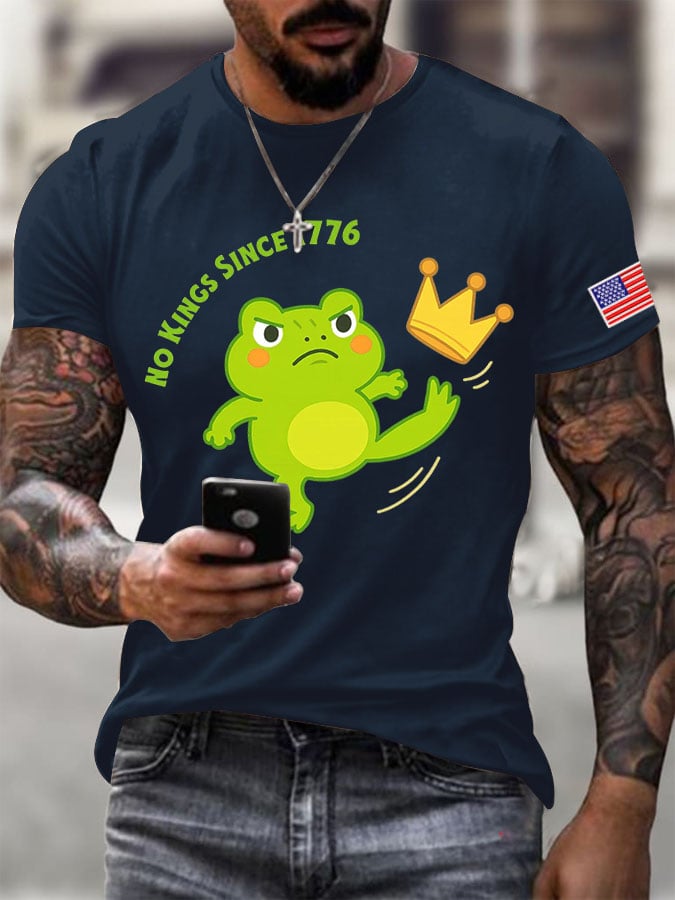 Men's No Kings Frog Printed Round Neck T-Shirt