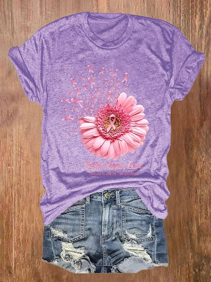 Breast Cancer Awareness Faith Hope Love Daisy Flower Ribbon Print T-Shirt