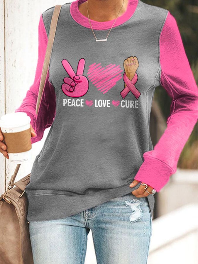 Breast Cancer Awareness Peace Love Cure Print Sweatshirt