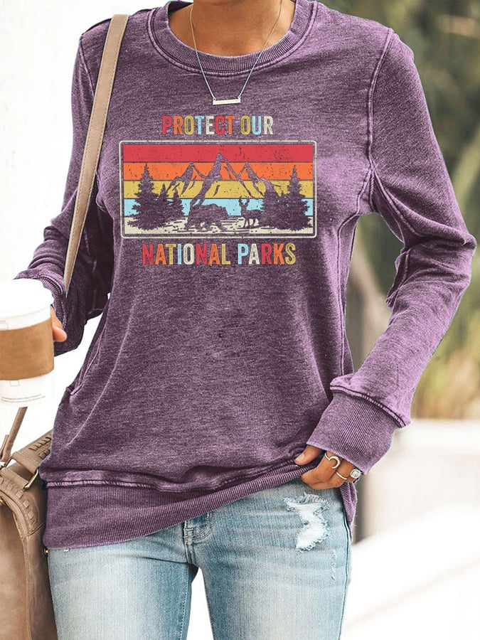 Women's Retro Retro Protect Our National Parks Printed Casual Sweatshirt