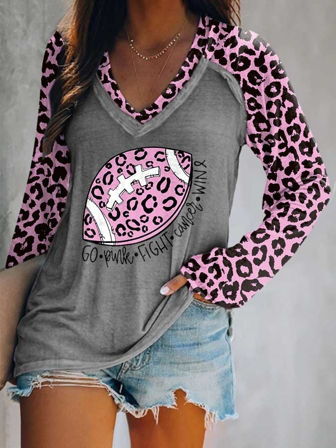 Leopard Football Breast Cancer Go Pink Fight Cancer Win Print Long Sleeve T-Shirt