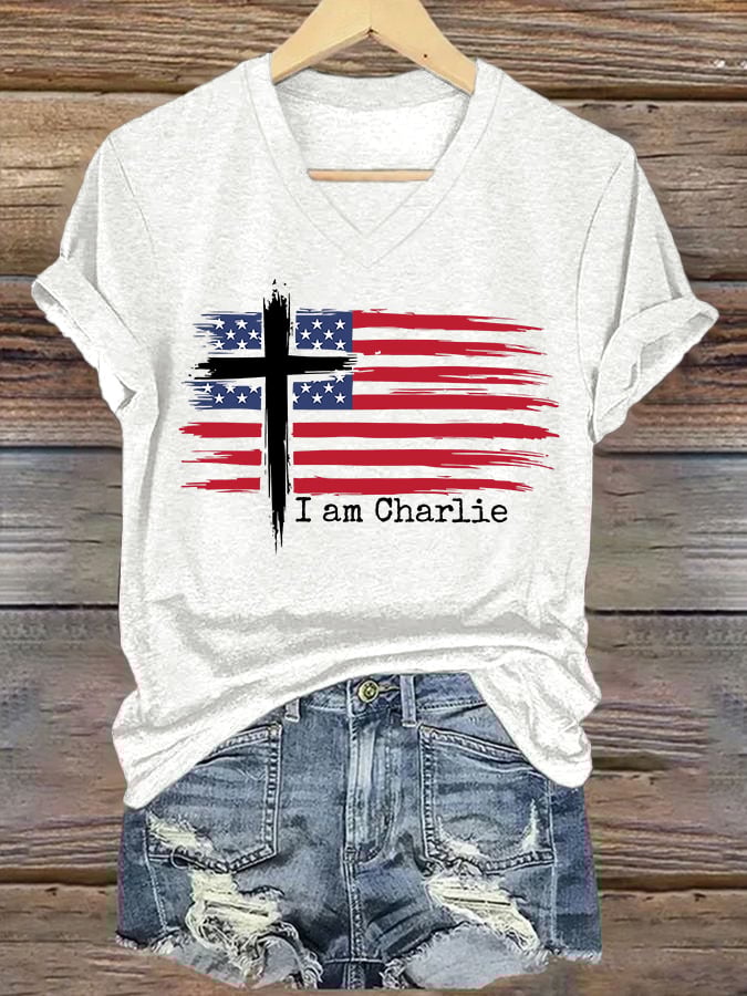 V-Neck Retro Faith Flag Cross I Am Print T-Shirt