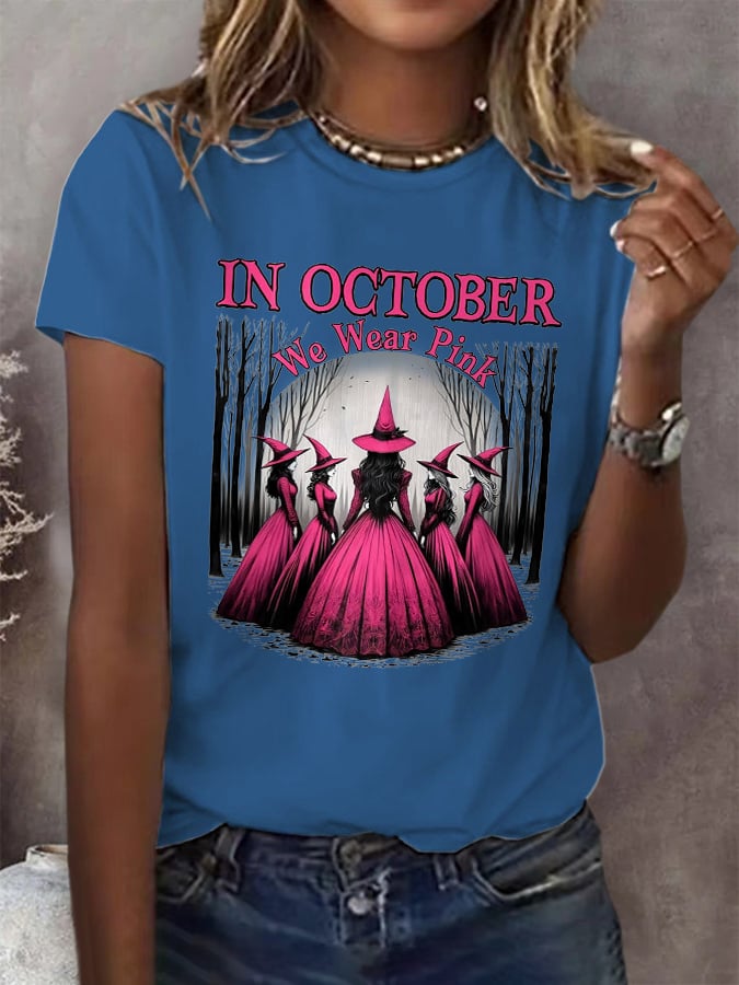Women's Casual October We Wear Pink Witch Breast Cancer Art T-Shirt