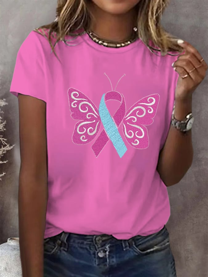 Women's Butterfly Pink Ribbon Breast Cancer Awareness Print T-Shirt