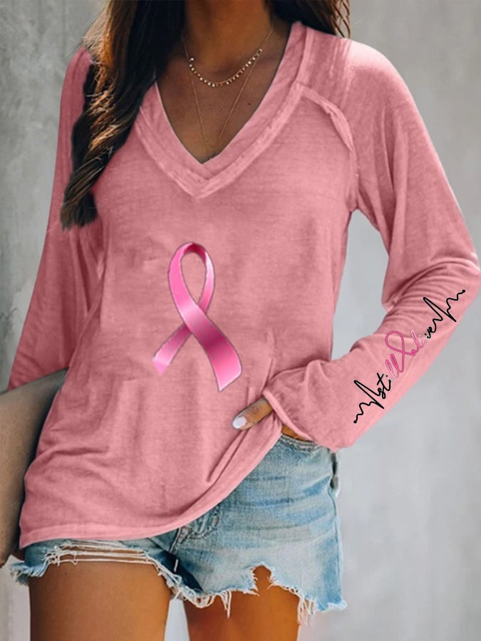 Breast Cancer Still Alive V Neck Long Sleeve Casual T-Shirt
