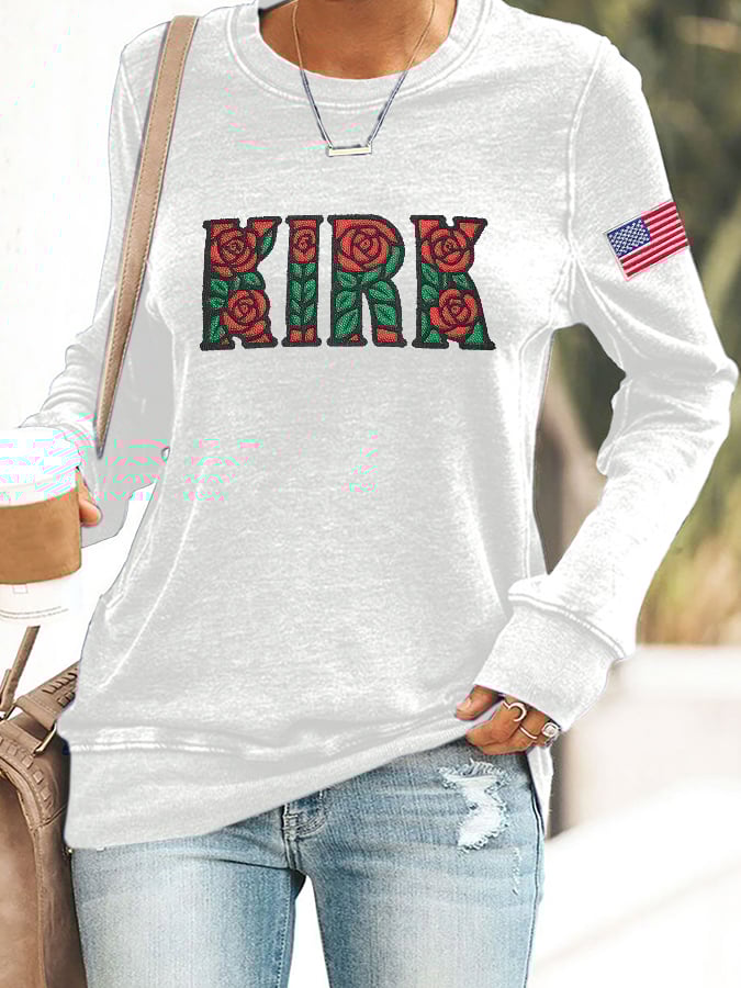 Women's Rose Print Round Neck Sweatshirt