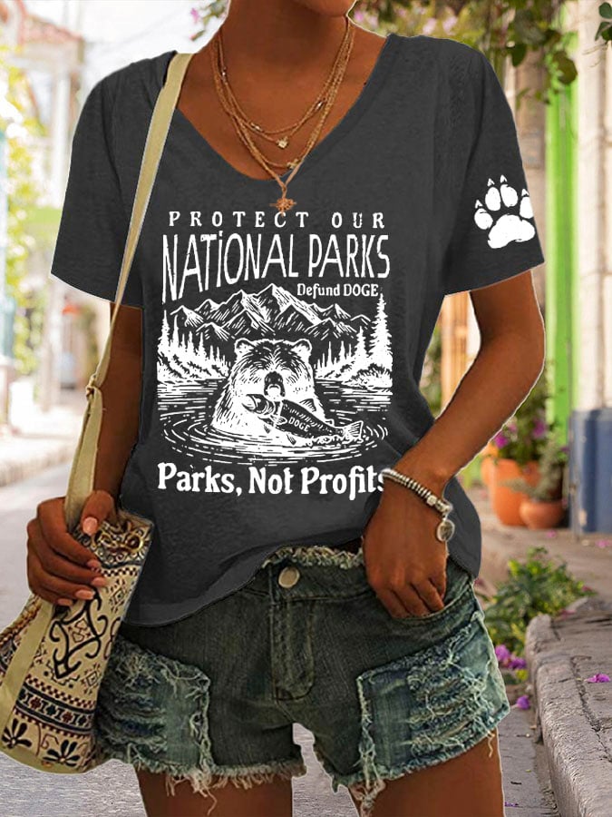 Women's Protect Our National Parks Print V Neck Casual T-Shirt