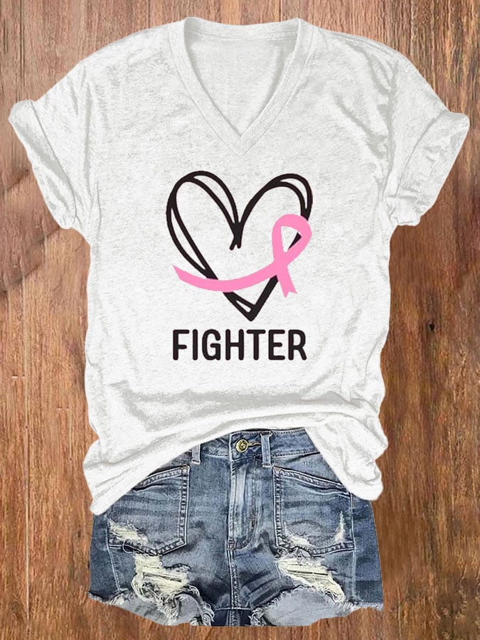 Women's Breast Cancer Awareness Printed V-Neck T-Shirt
